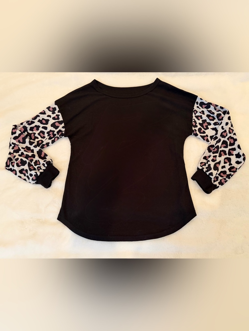Black Waffle Knit Long-Sleeve Top with Leopard Print Sleeves